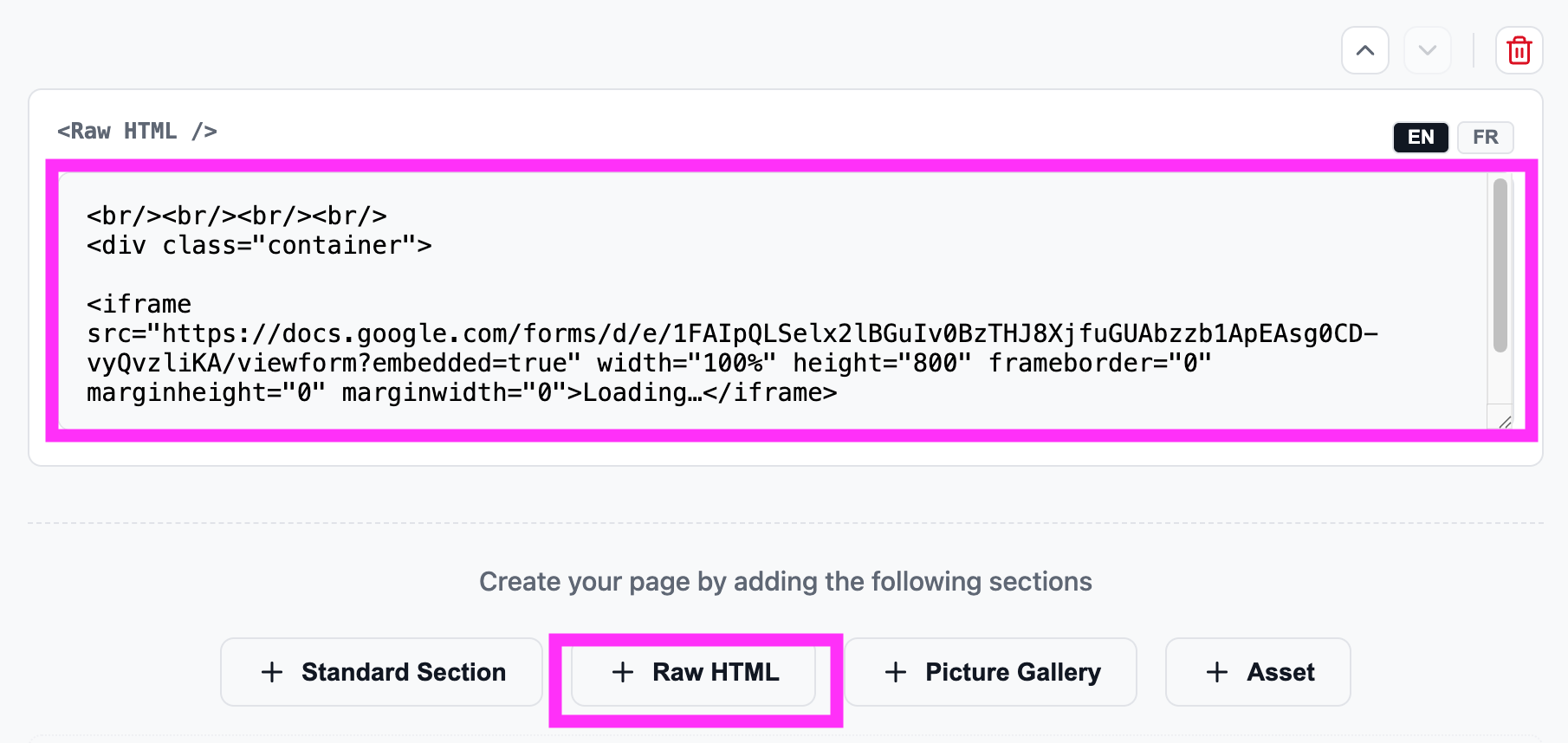 Adding a RAW HTML section